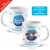 Tasse mit Sternzeichen »Wassermann«, mit Namen und Geburtsdatum, weiß