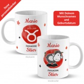 Tasse mit Sternzeichen »Stier«, mit Namen und Geburtsdatum, weiß
